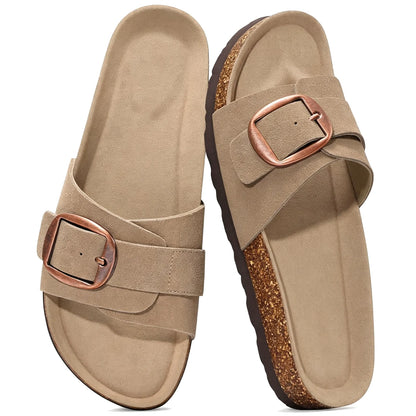 Taupe suede slide sandals with wide strap and buckle, pair top view