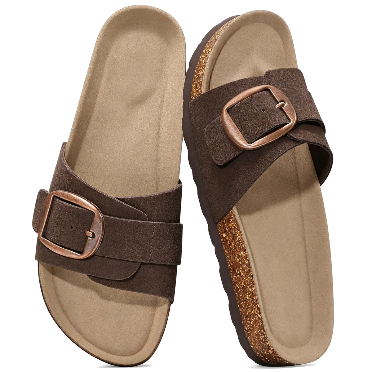 Brown suede slide sandals with wide strap and buckle, pair top view