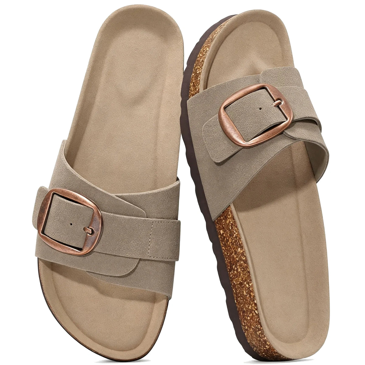 Gray suede slide sandals with wide strap and buckle, pair top view