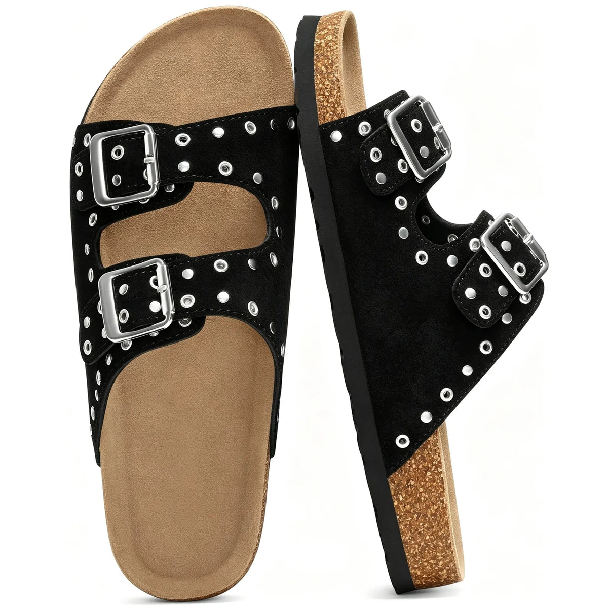 Black studded double-buckle slide sandals with cork footbed, pair top view