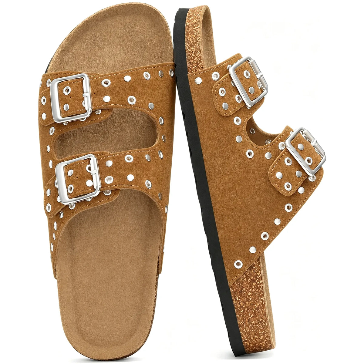 Yellow studded double-buckle slide sandals with cork footbed, pair top view