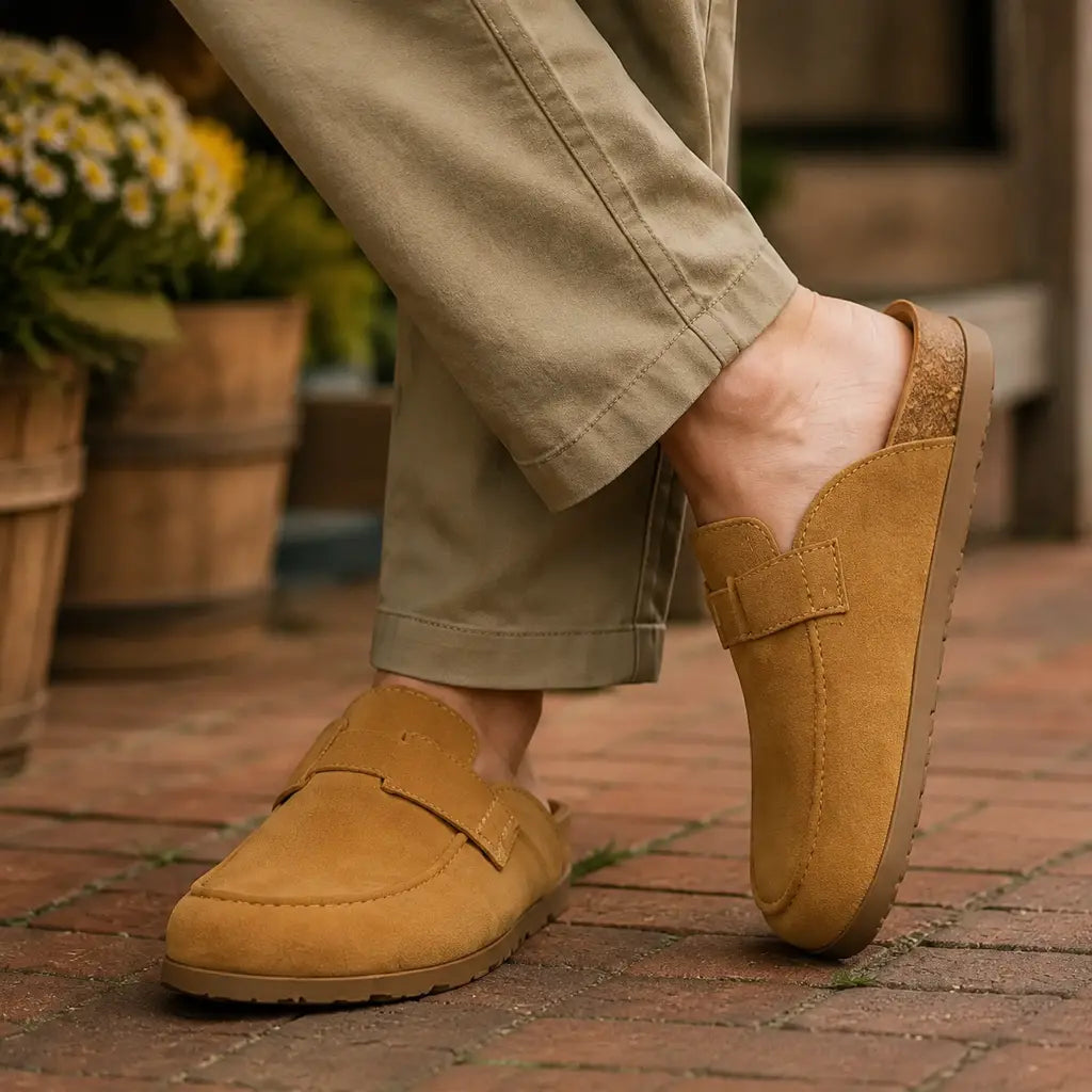 Camel suede loafer-style clog mules worn with khaki trousers