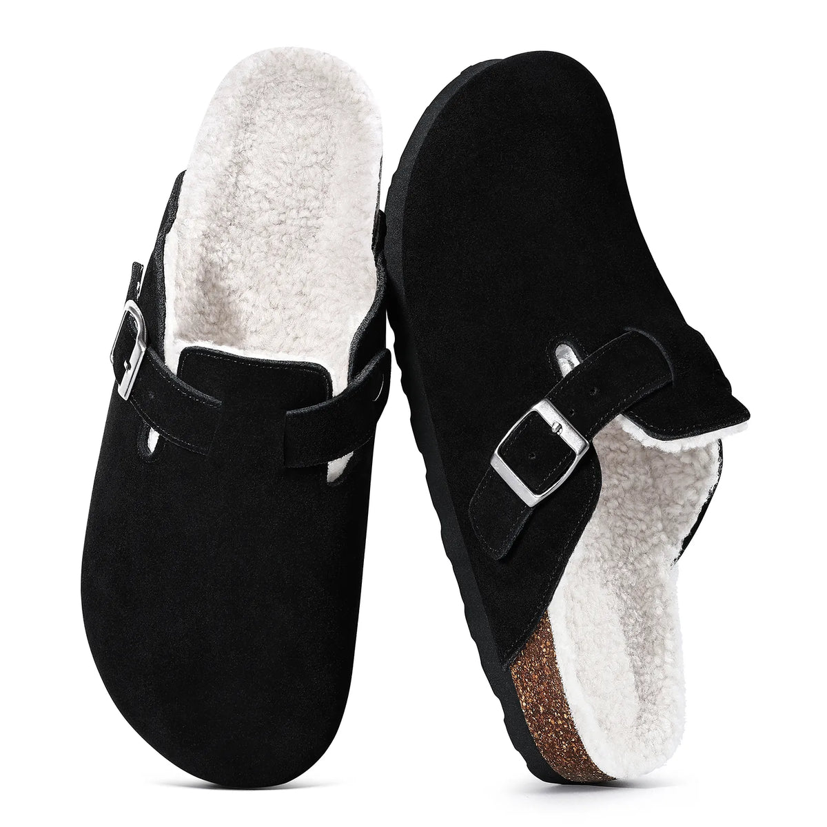 Black genuine suede fur-lined clogs with buckle, pair top view