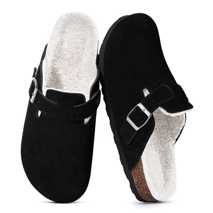 Black genuine suede fur-lined clogs with buckle, pair top view