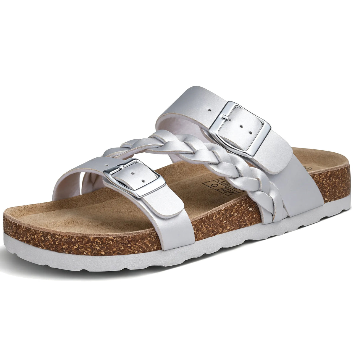 Silver braided cork footbed sandals with double buckles, side view