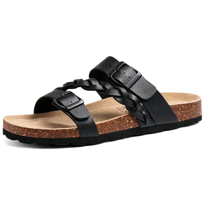 Black braided cork footbed sandals with double buckles, pair angled view