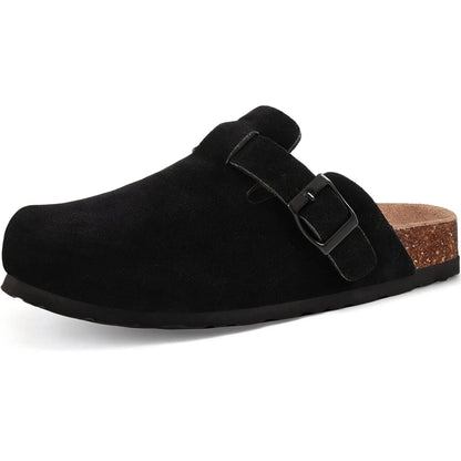 Black vegan suede clogs top-down view
