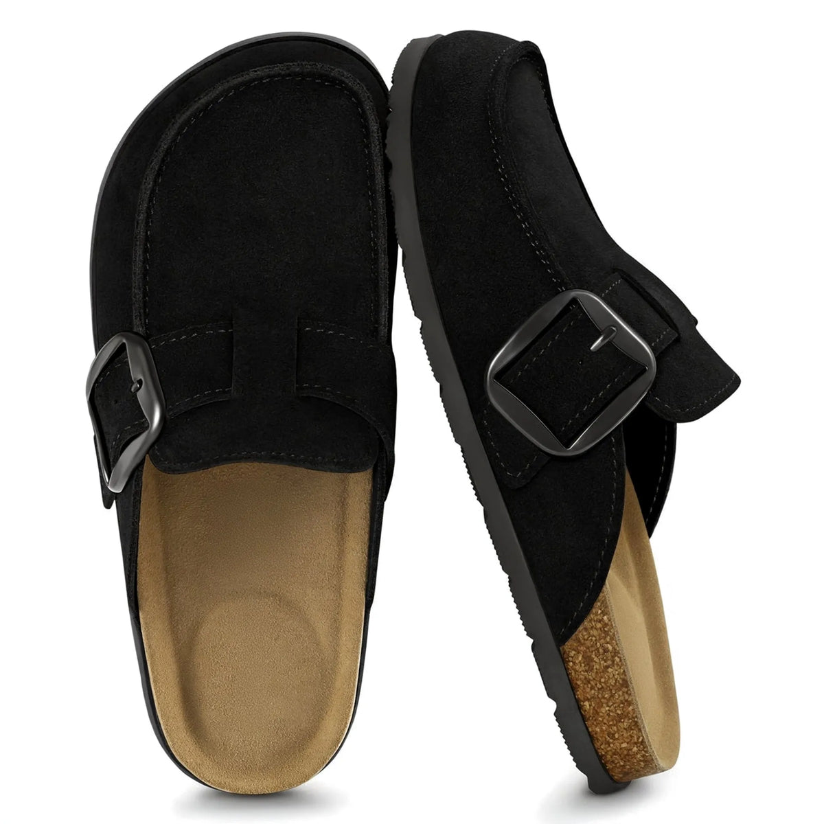 Black slip-on mule clogs with statement buckle, pair top view