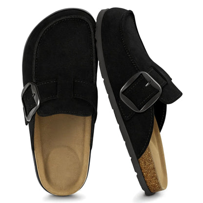 Black slip-on mule clogs with statement buckle, pair top view
