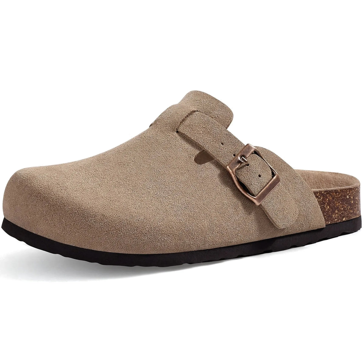 Taupe vegan suede clogs side view