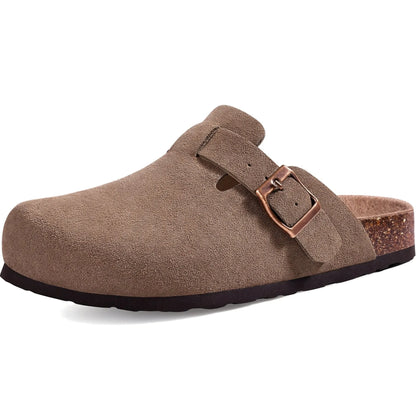 Tan vegan suede clogs three-quarter view