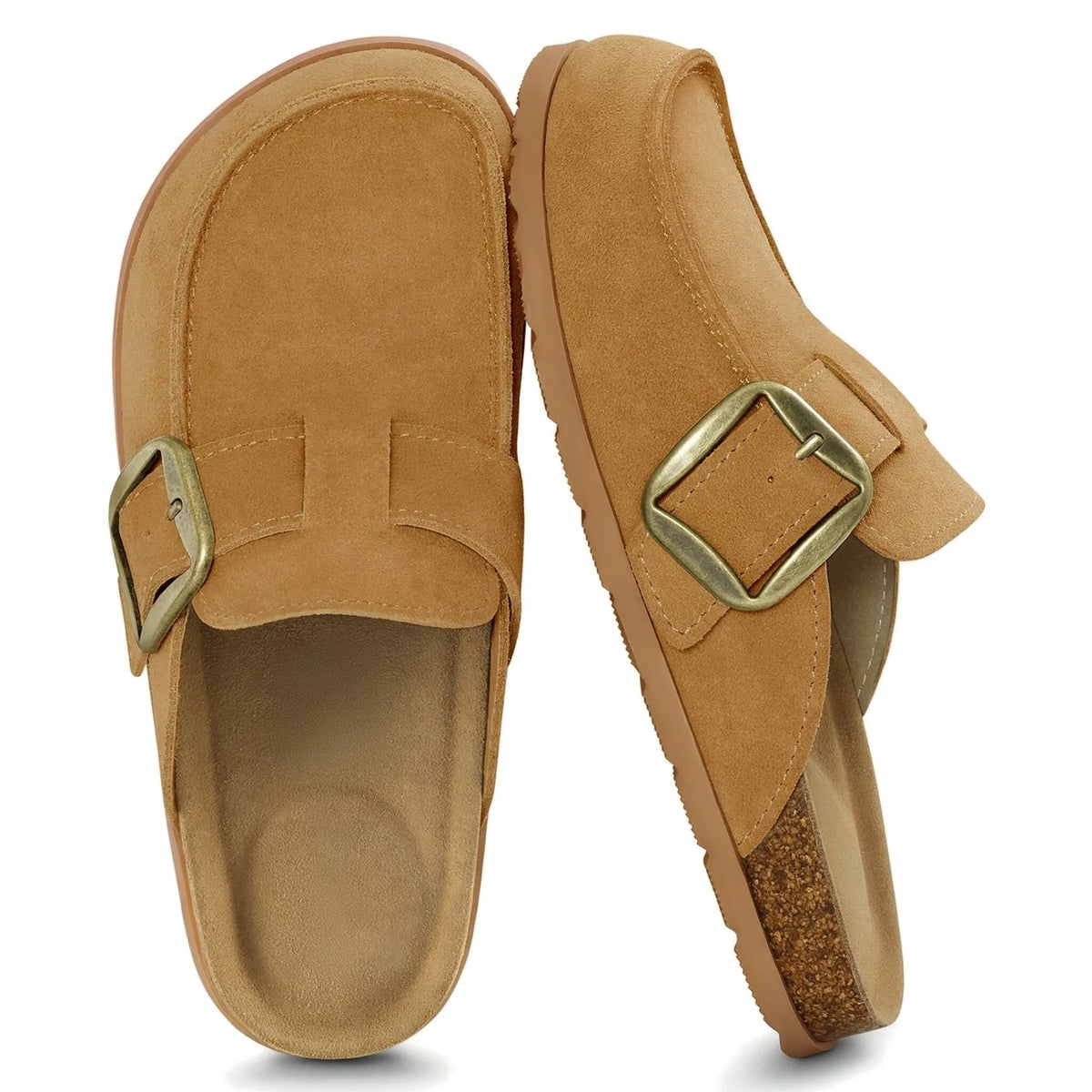 Camel slip-on mule clogs with statement buckle, pair top view