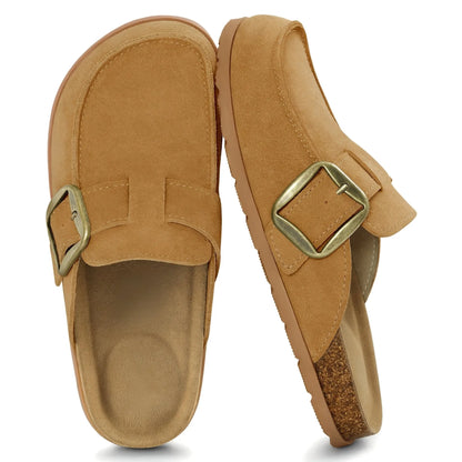 Camel slip-on mule clogs with statement buckle, pair top view
