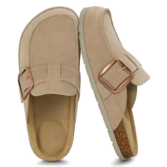 Taupe slip-on mule clogs with statement buckle, pair top view