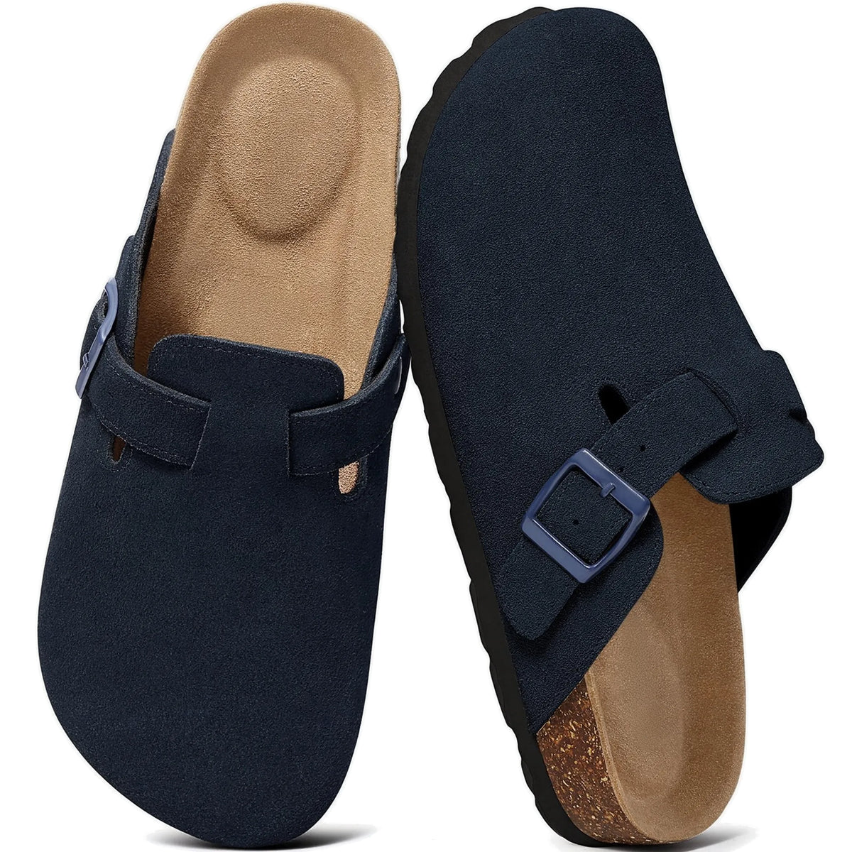 Navy genuine suede clogs pair top view