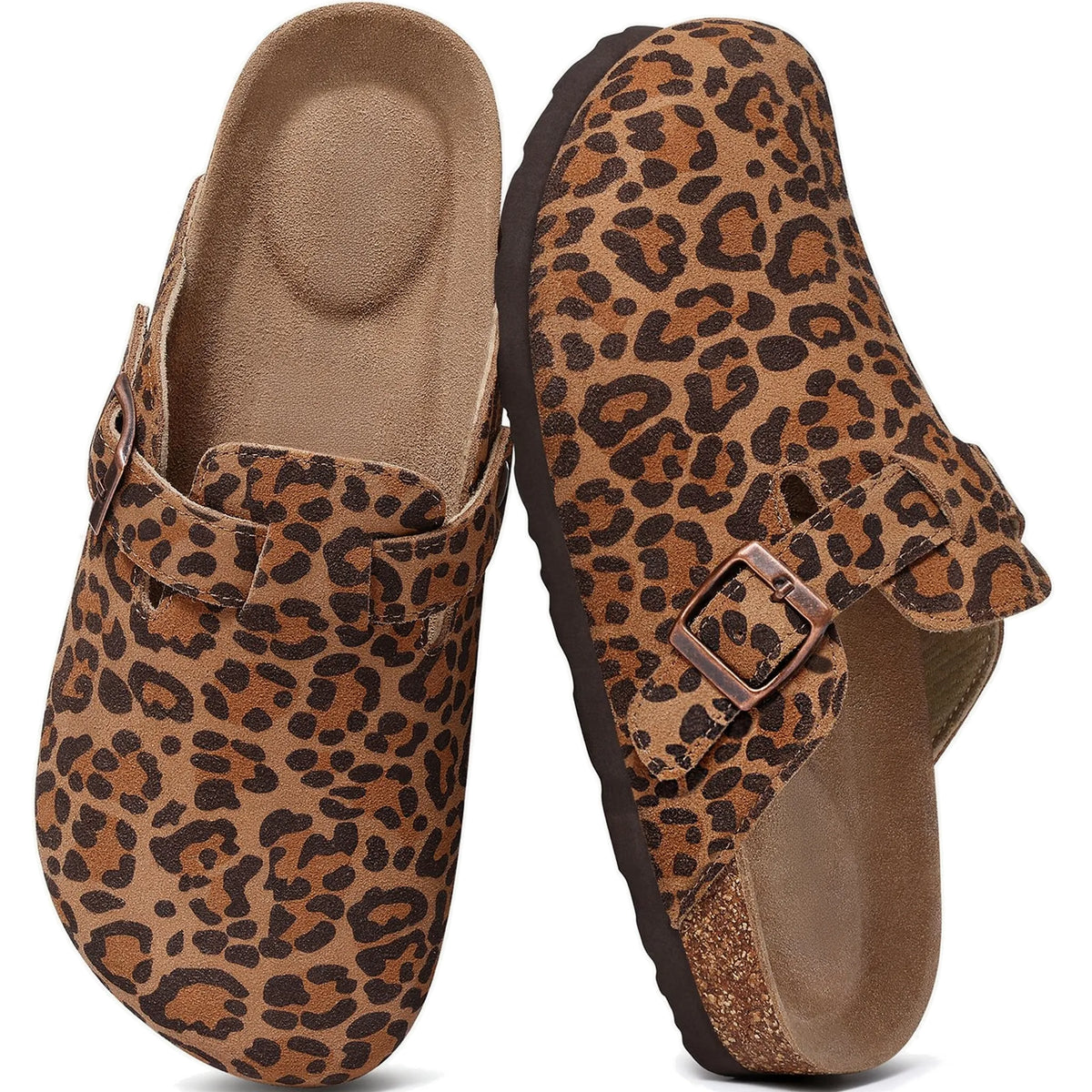 Leopard print genuine suede mule clogs pair top view