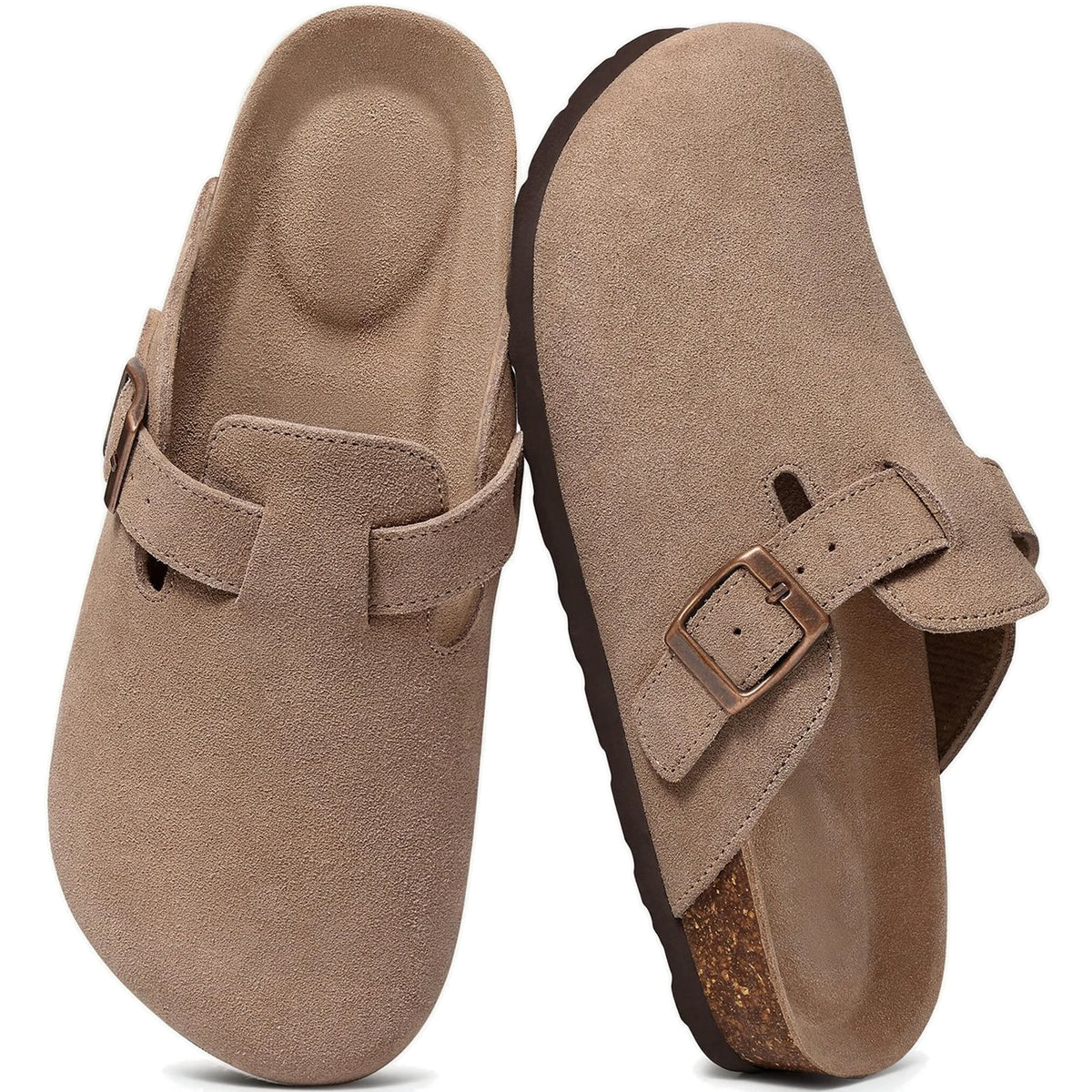 Taupe genuine suede clogs pair top view