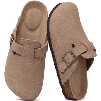 Taupe genuine suede clogs pair top view