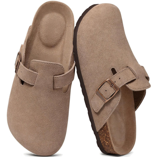 Taupe genuine suede clogs pair top view