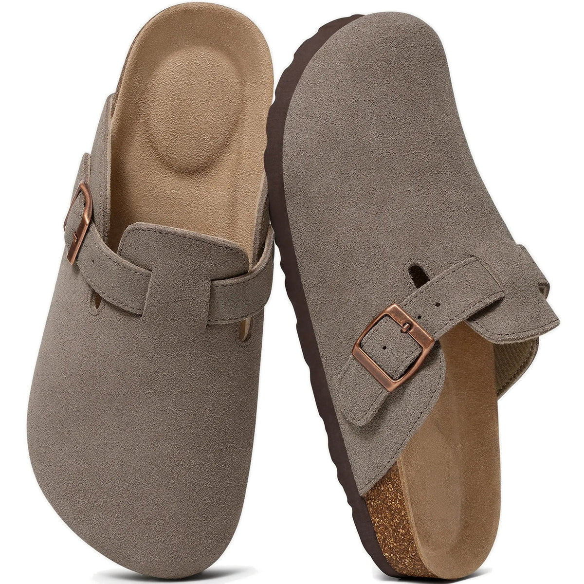 Gray genuine suede clogs pair top view