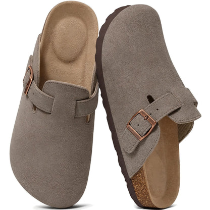 Gray genuine suede clogs pair top view