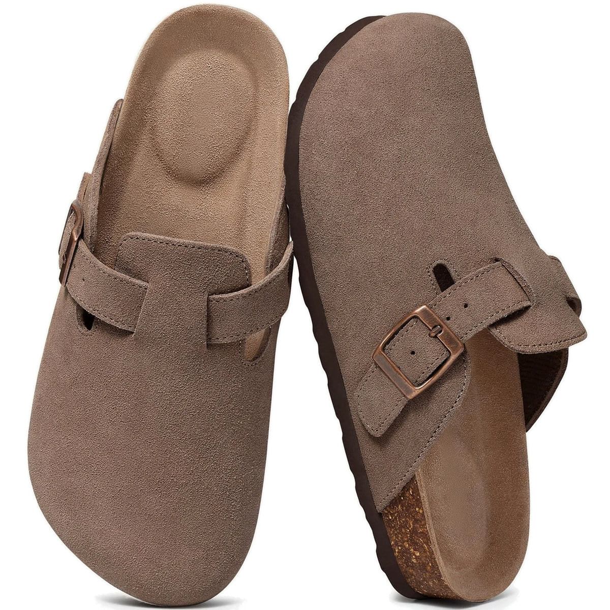 Mocha genuine suede clogs pair top view