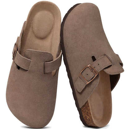 Mocha genuine suede clogs pair top view