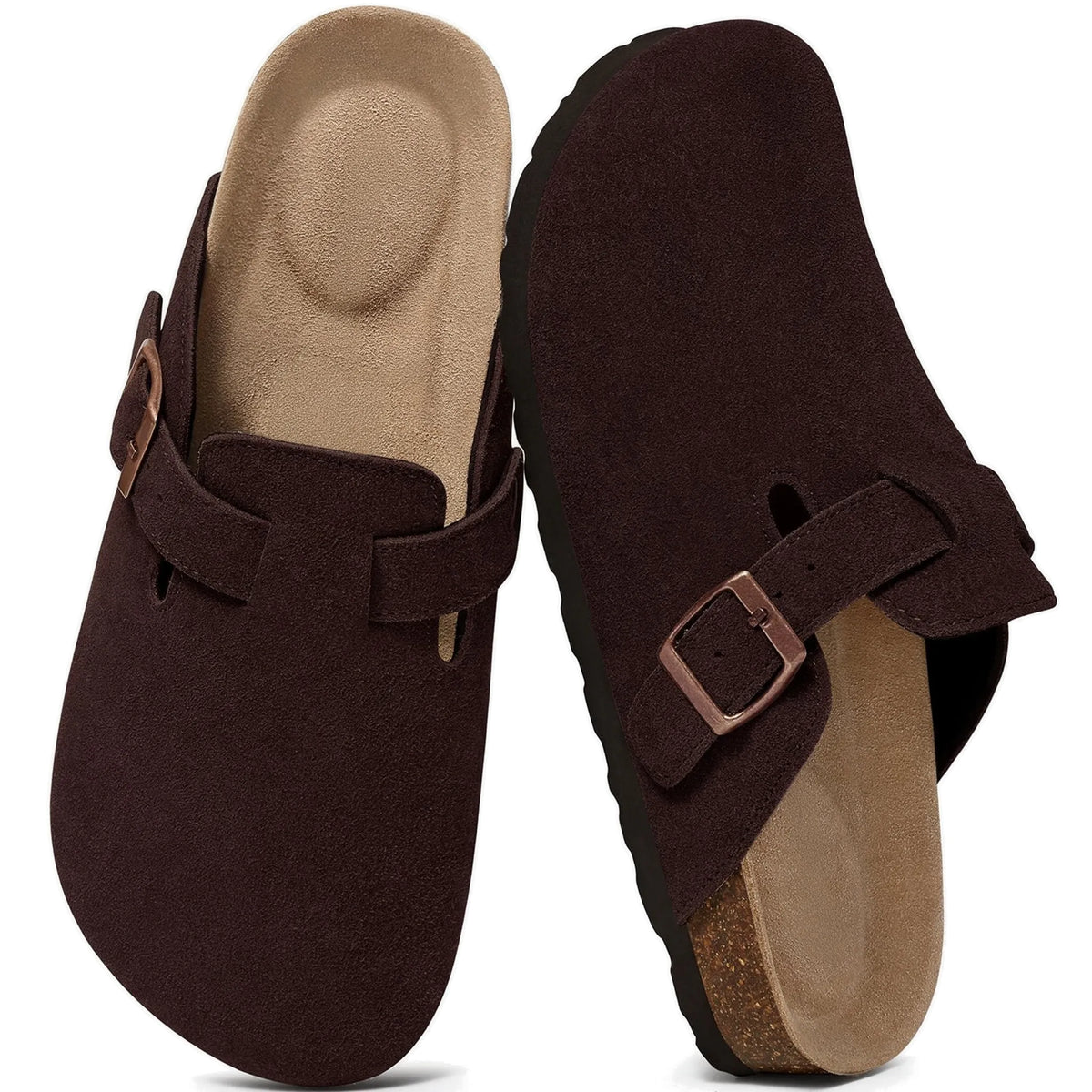 Dark brown genuine suede clogs pair top view