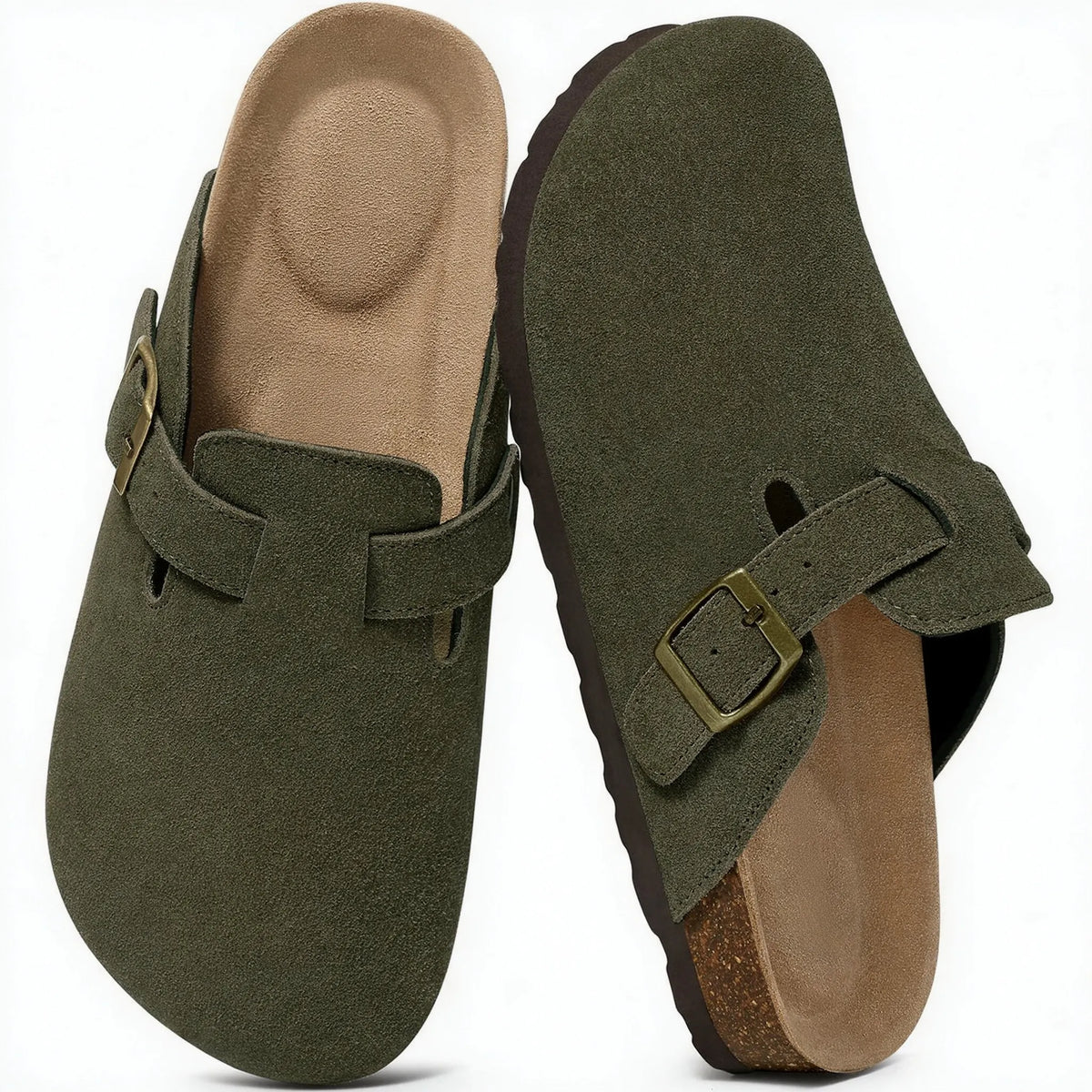 Olive green genuine suede clogs pair top view