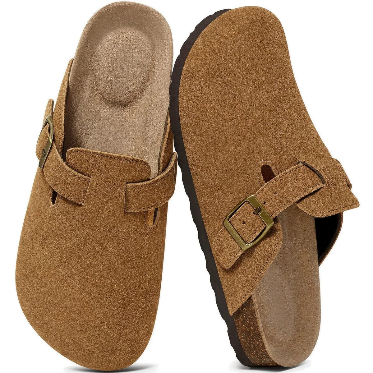 Caramel genuine suede mule clogs pair top view