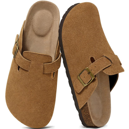 Caramel genuine suede mule clogs pair top view