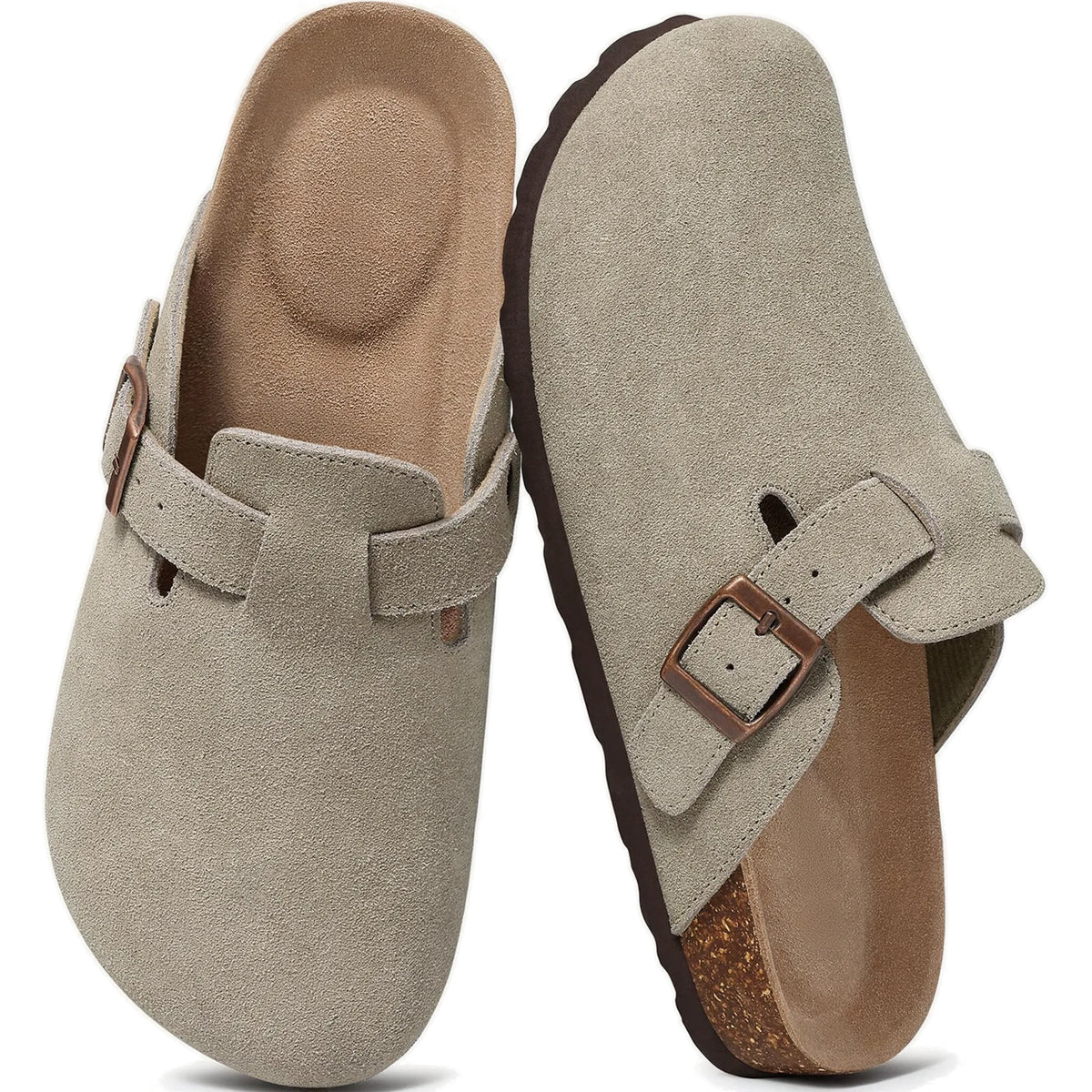 Light gray genuine suede mule clogs pair top view