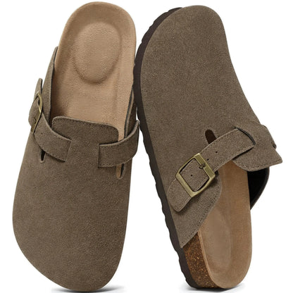 Hickory brown genuine suede mule clogs pair top view