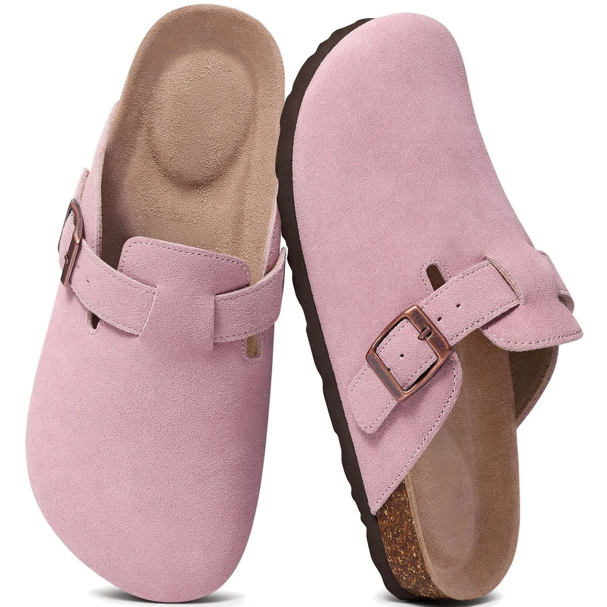 Pink genuine suede mule clogs pair top view