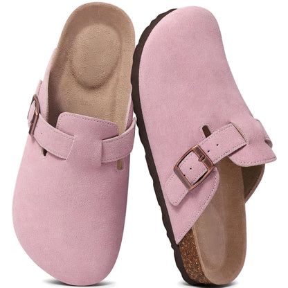 Pink genuine suede mule clogs pair top view
