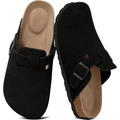 Black green genuine suede clogs pair top view