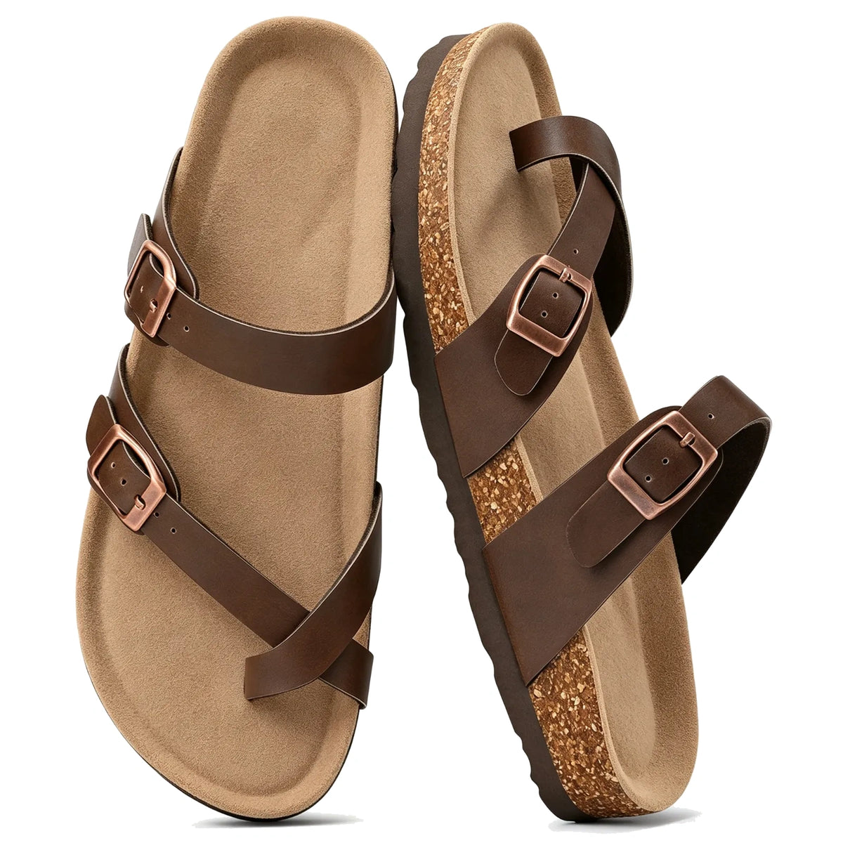 Mocha toe-loop cork footbed sandals with double buckles, pair top view