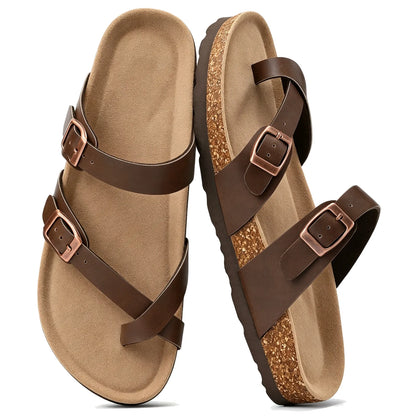 Mocha toe-loop cork footbed sandals with double buckles, pair top view